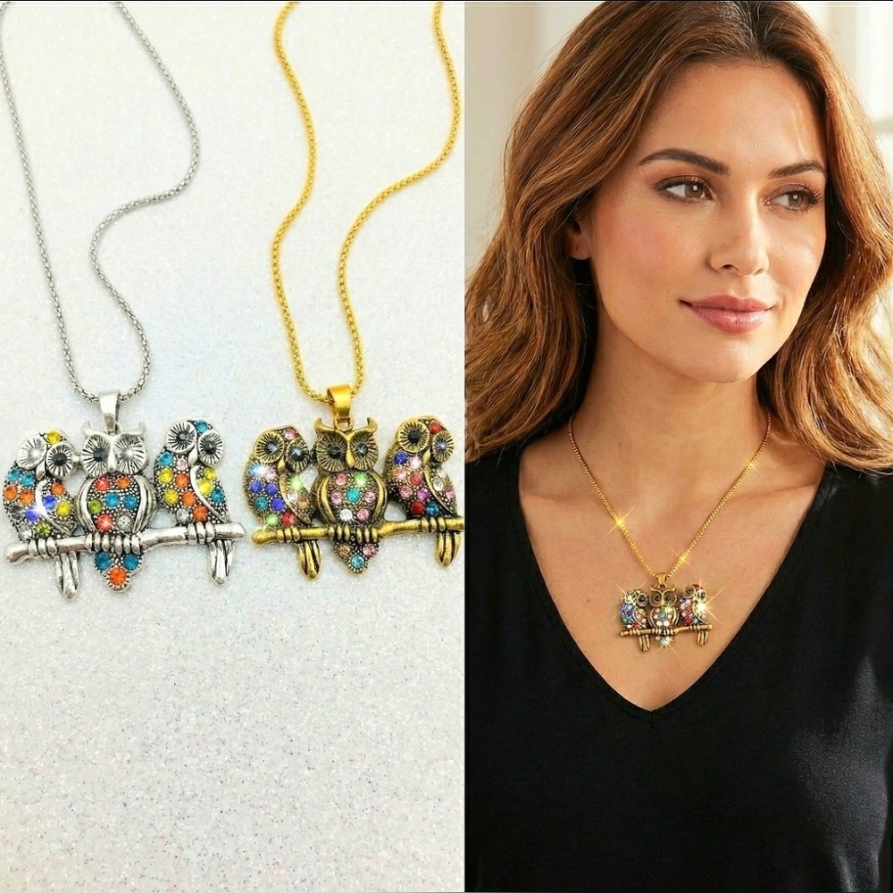 Set of 2 Silver and gold multicolor crystal family owl pendant necklace